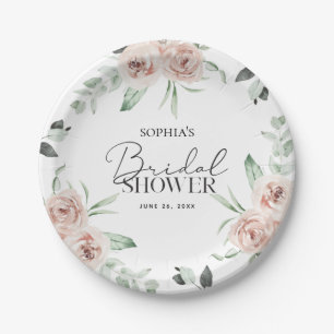 Dusty Pink Blush Floral Eucalyptus Bridal Shower Paper Plate