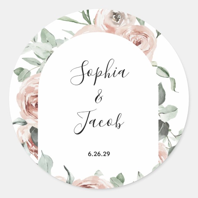 Dusty Pink Blush Floral Eucalyptus Wedding Classic Classic Round Sticker (Front)