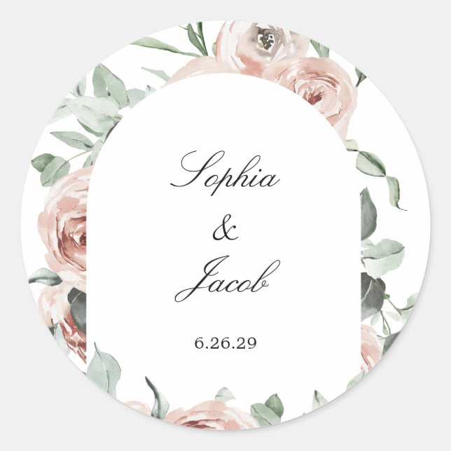 Dusty Pink Blush Floral Eucalyptus Wedding Classic Round Sticker (Front)