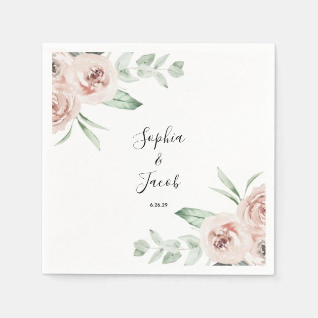 Dusty Pink Blush Floral Eucalyptus Wedding Napkin (Front)