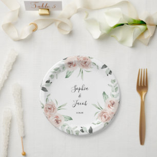 Dusty Pink Blush Floral Eucalyptus Wedding  Paper Plate