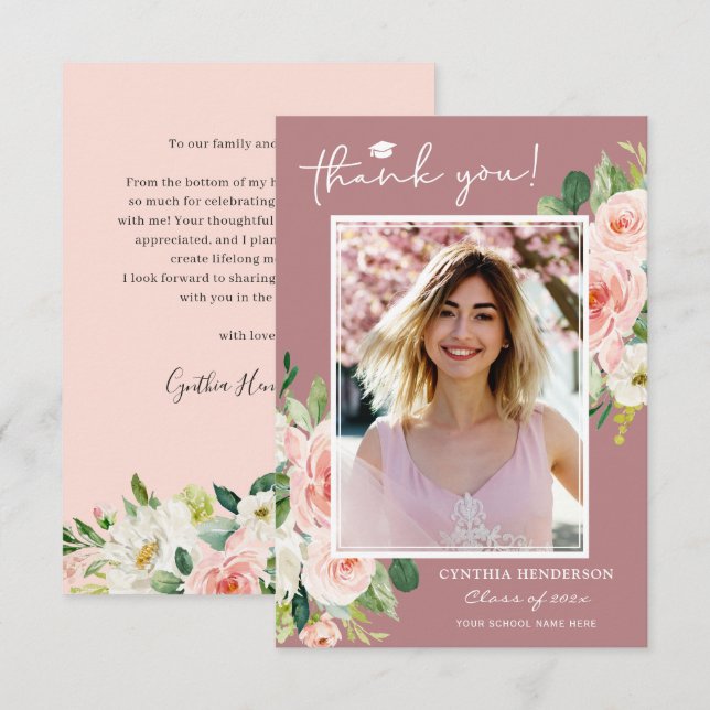 Dusty Pink Blush Graduation Photo Thank You Card (Front/Back)