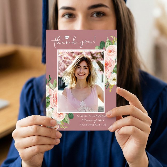Dusty Pink Blush Graduation Photo Thank You Card (Creator Uploaded)