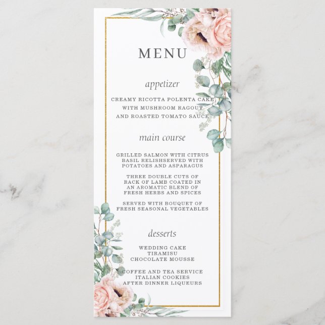 Dusty Pink Blush Roses Poppy Floral Wedding Menu (Front)