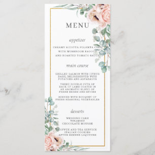 Dusty Pink Blush Roses Poppy Floral Wedding Menu
