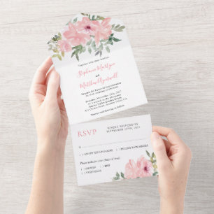 Dusty Pink Blush Watercolor Roses Wedding All In One Invitation