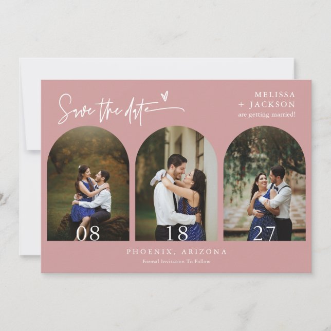 Dusty Pink Boho Arch Photo QR Code Save the Date Invitation (Front)