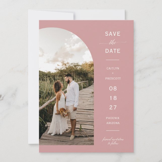 Dusty Pink Boho Arch Photo QR Code Save the Date Invitation (Front)