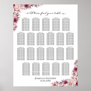 Dusty Pink Boho Floral 22 Tables Wedding Seating Poster