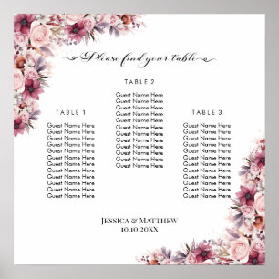 Dusty Pink Boho Floral 3 Tables Wedding Seating Fo Poster