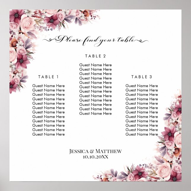 Dusty Pink Boho Floral 3 Tables Wedding Seating Fo Poster (Front)