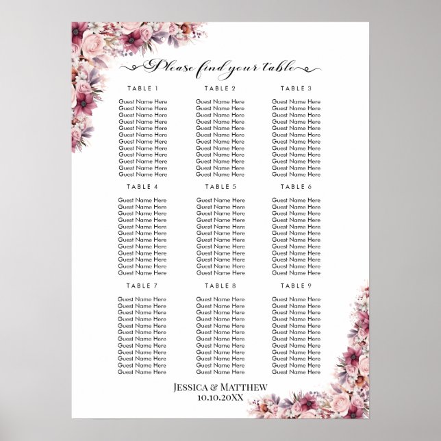 Dusty Pink Boho Floral 9 Tables Wedding Seating Poster (Front)
