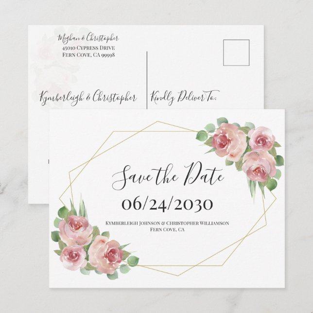 Dusty Pink Boho Floral Geometric Save the Date Postcard (Front/Back)