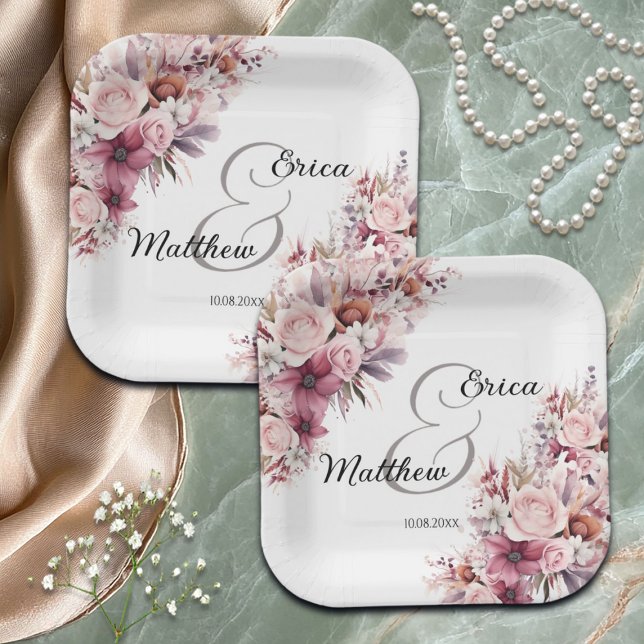 Dusty Pink Boho Floral Modern Script Wedding Paper Plate (Creator Uploaded)
