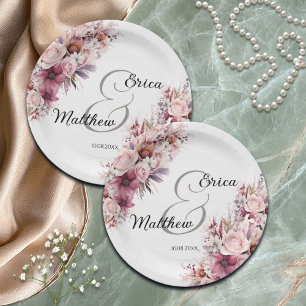 Dusty Pink Boho Floral Modern Script Wedding Paper Plate