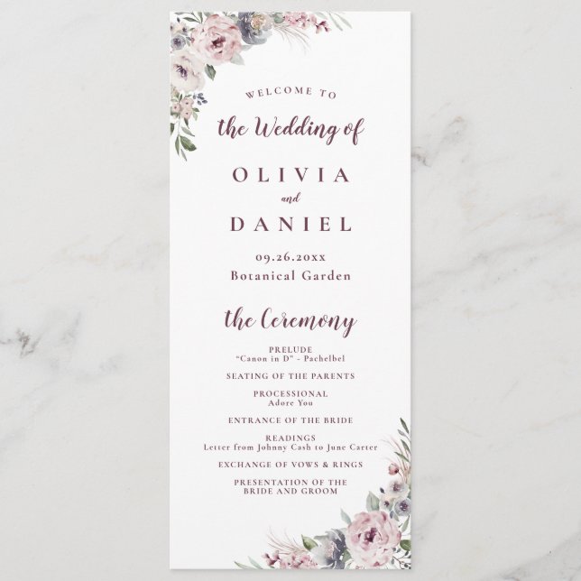 Dusty pink boho floral rustic wedding program menu (Front)