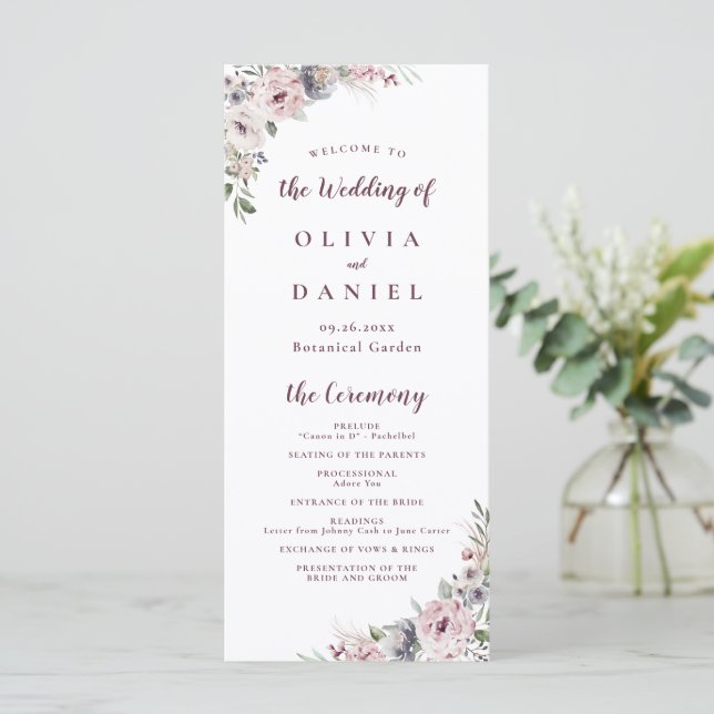 Dusty pink boho floral rustic wedding program menu (Standing Front)