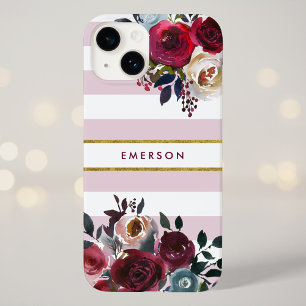 Dusty Pink Boho Floral Stripe Monogram iPhone 16 Pro Max Case