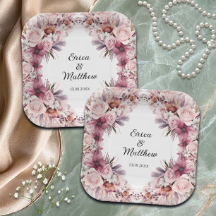 Dusty Pink Boho Floral Wedding Paper Plate