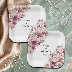 Dusty Pink Boho Floral Wedding Paper Plate
