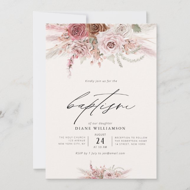 dusty pink boho flowers pink theme girl baptism invitation (Front)