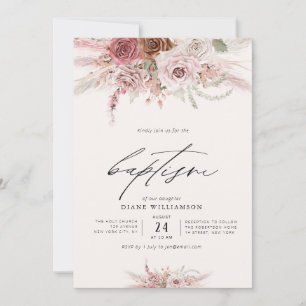 dusty pink boho flowers pink theme girl baptism invitation