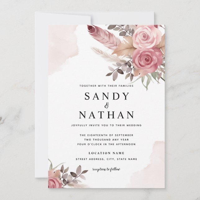 Dusty Pink Boho Flowers Wedding Invitation (Front)