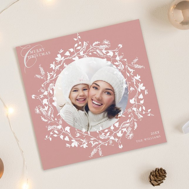 Dusty Pink Boho Wildflower Christmas Photo Square Holiday Card (Creator Uploaded)
