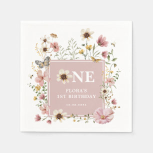Dusty Pink Boho Wildflower Girl 1st Birthday Party Napkin