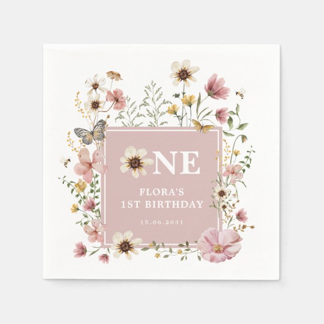 Dusty Pink Boho Wildflower Girl 1st Birthday Party Napkin (Front)
