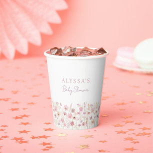 Dusty Pink Boho Wildflowers Baby Shower Paper Cups