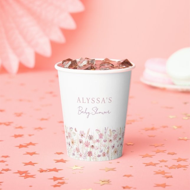 Dusty Pink Boho Wildflowers Baby Shower Paper Cups (Insitu)