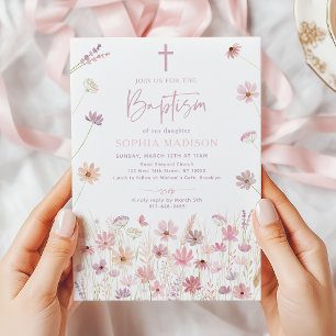 Dusty Pink Boho Wildflowers Baptism Invitation