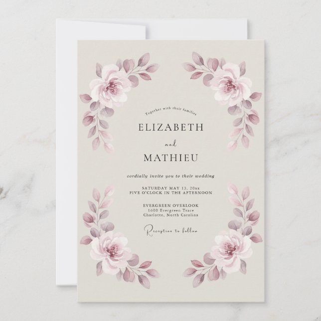 Dusty Pink Botanical Flourish Wedding Invitation (Front)