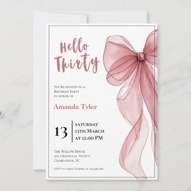 Dusty Pink Bow 30th Birthday Invitation (Front)
