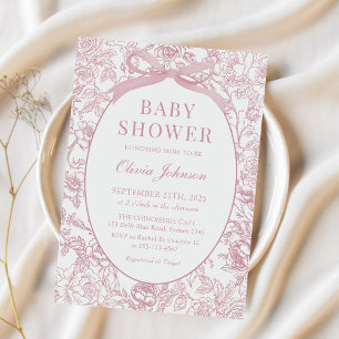 Dusty Pink Bow Chinoiserie Floral Baby Shower Invitation