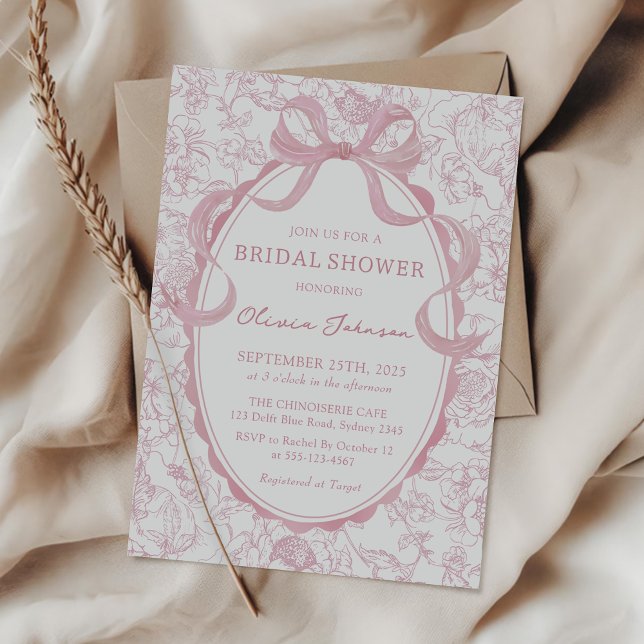 Dusty Pink Bow Chinoiserie Floral Bridal Shower Invitation (Creator Uploaded)