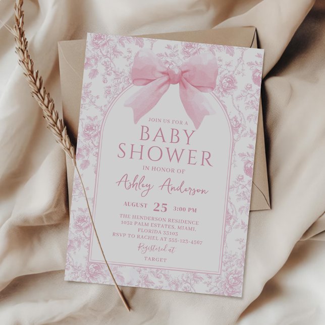 Dusty Pink Bow Floral Toile Baby Shower Invitation (Creator Uploaded)