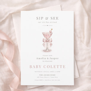 Dusty Pink Bow Martini Girl Sip & See Invitation
