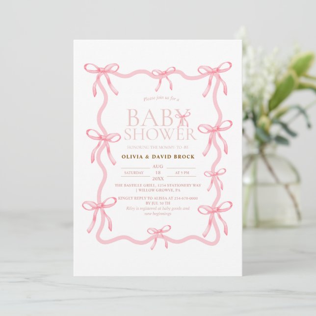 Dusty Pink Bow Pastel Baby Shower Invitation (Standing Front)