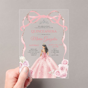 Dusty Pink Bow Princess Silver Crown Quinceañera Acrylic Invitations