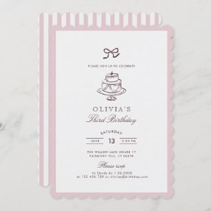 dusty Pink Bow, Striped Pink   brown birthday  Inv Invitation