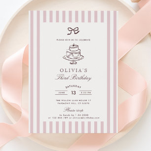 dusty Pink Bow, Striped Pink   brown birthday  Invitation