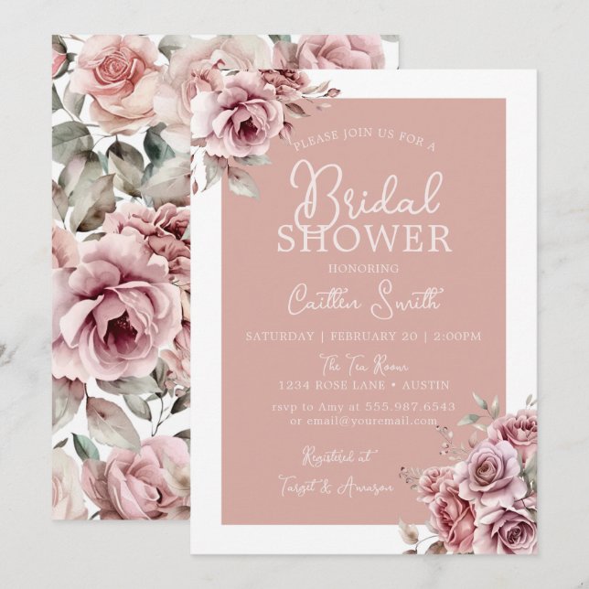 Dusty Pink Bridal Shower Invitation Floral Rose (Front/Back)