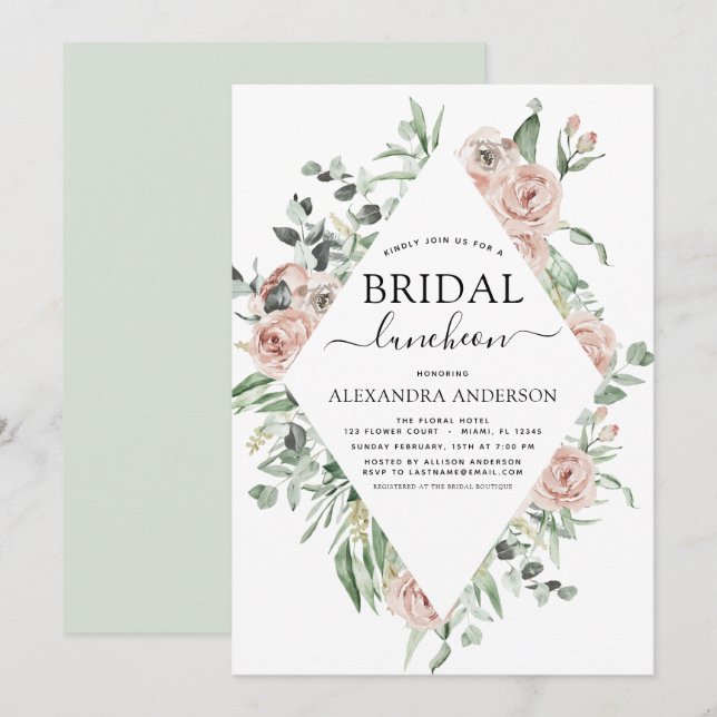  Dusty Pink Bridal Shower Luncheon Greenery Invita Invitation (Front/Back)
