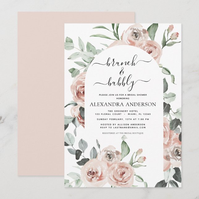 Dusty Pink Brunch & Bubbly Bridal Shower Greenery Invitation (Front/Back)