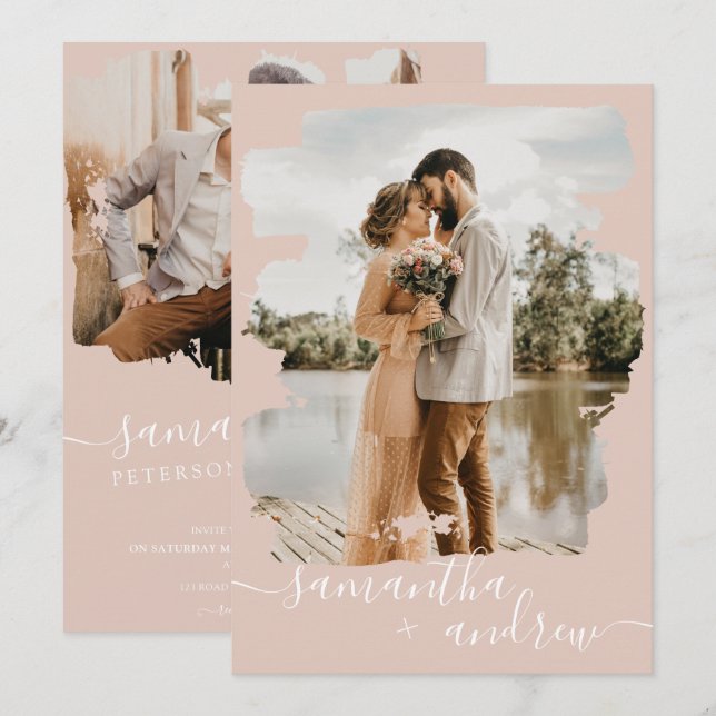 Dusty pink brushstroke script 2 photos wedding invitation (Front/Back)