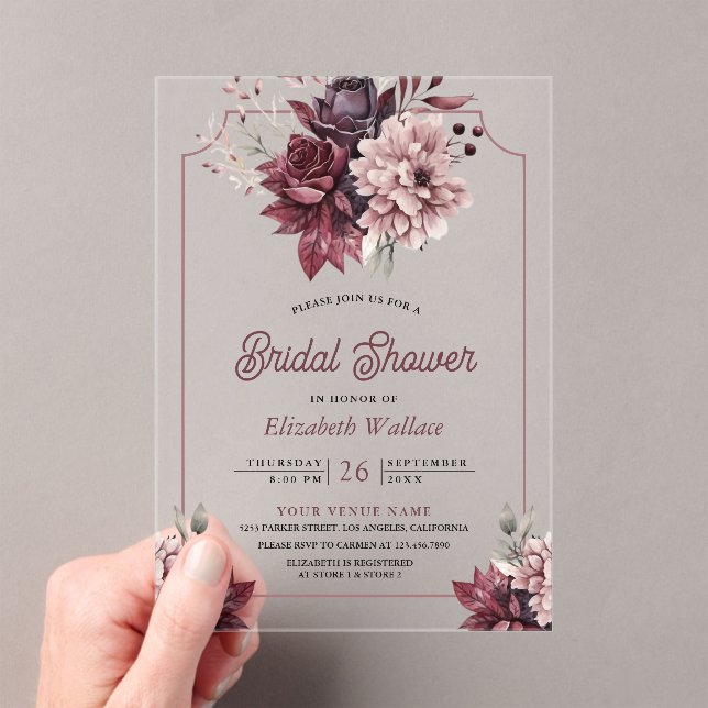 Dusty Pink Burgundy Floral Bridal Shower Acrylic Invitations (Insitu (Handheld))