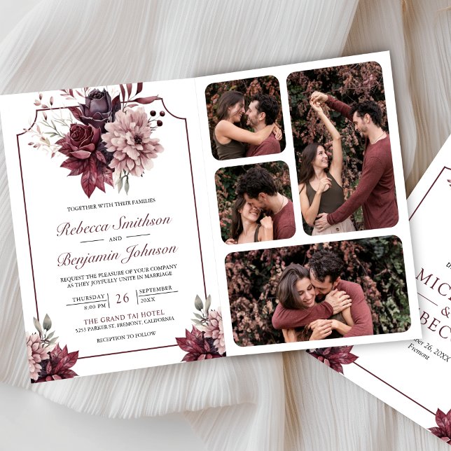 Dusty Pink Burgundy Floral Frame QR Code Wedding Invitation (Creator Uploaded)