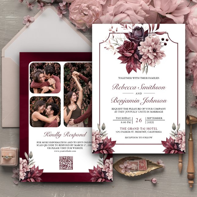 Dusty Pink Burgundy Floral Frame QR Code Wedding Invitation (Creator Uploaded)